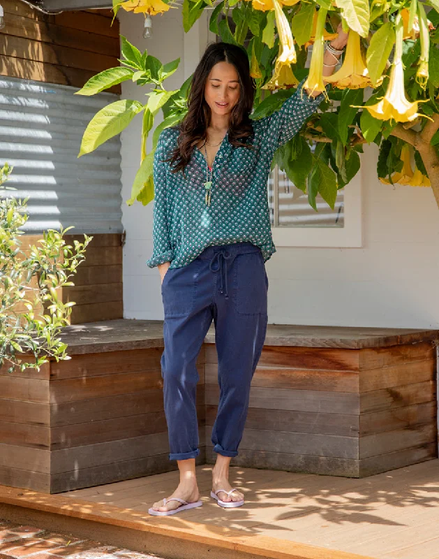 Zoe Twill Pant: Navy Fashionable Button-Up Pants