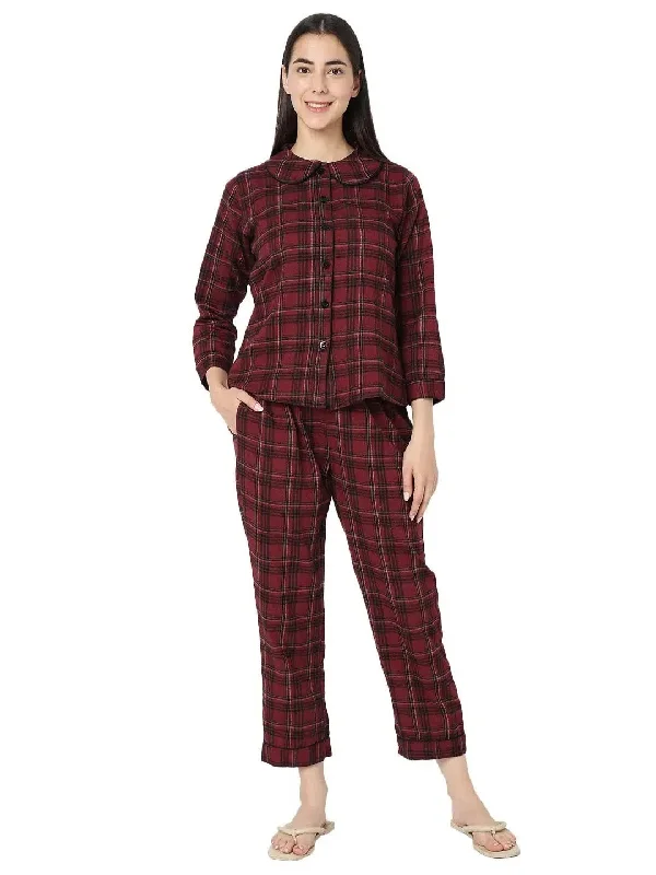 Smarty Pants Women's Brush Cotton Maroon Color Checks Night Suit Stylish Paperbag Waist Pants