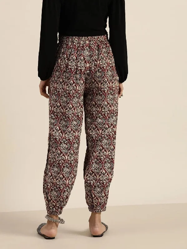 Chocolate Brown Floral Cuffed Pants Casual Yoga Pants