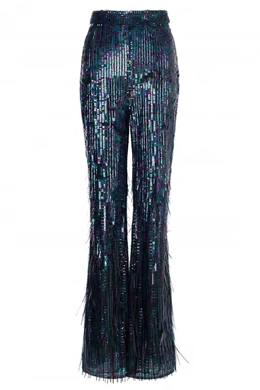 Sequin Fringe Side Zip Pants Trendy Velvet Pants