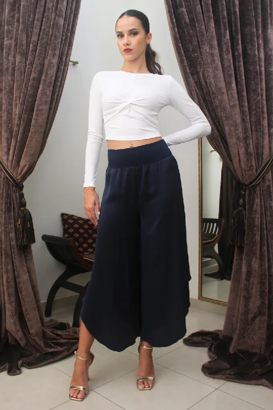 Dark Blue Asymmetric Satin Tango Pants Wide-Legged Palazzos