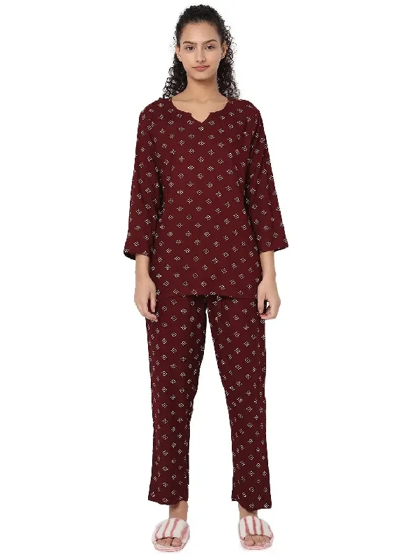 Smarty Pants Women's Cotton Maroon Color Polka Dot Print Night Suit Relaxed Casual Leggings