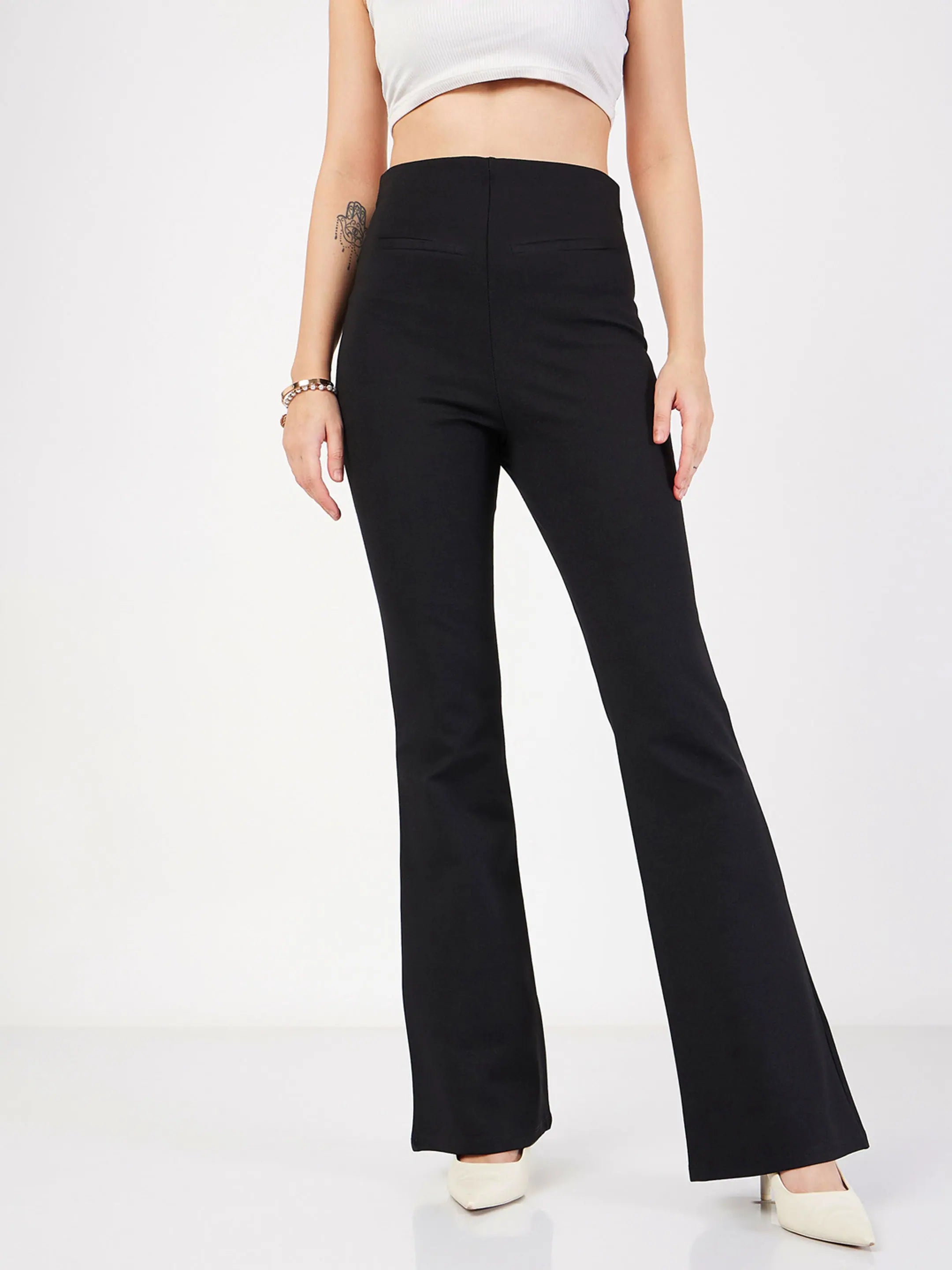 Women Black Bone Pocket Bell Bottom Pants Wide-Legged Palazzos