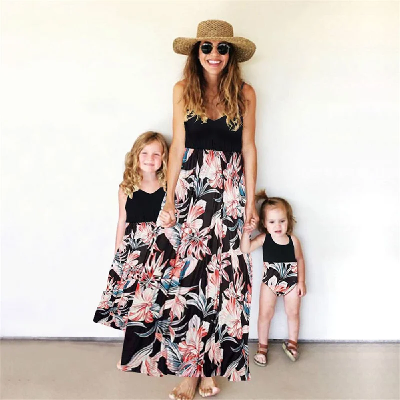 2022 Family Matching Clothes Flower Long Maxi Dresses For Women Patchwork Sexy Summer Tank Brick Dress Mother Daughter Baby Girl Classic Black Maxi Dress