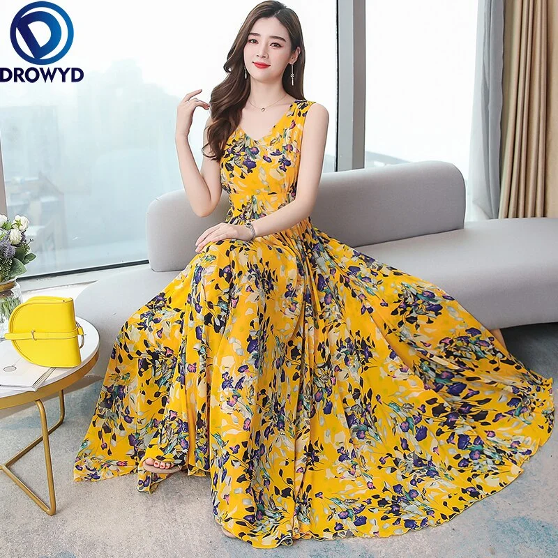 2022 High Quality Vintage Chiffon Boho Maxi Dress Summer Sleeveless v-neck Sexy Sundress Women Elegant Bodycon Party Vestidos Elegant Maxi Dress with Pockets