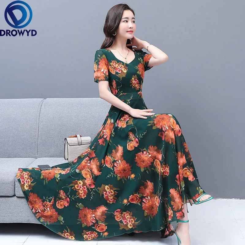 2022 Summer Beach Vacation Floral Chiffon Maxi Dress Vintage Print V-neck Sweet Midi Dress Elegant Women Bodycon Party Vestidos Comfortable Ruffle Maxi Dress