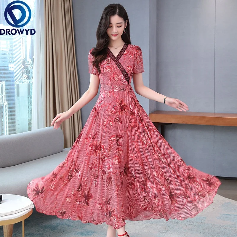 2022 Vintage Boho Red Print Chiffon Lace Beach Long Dress Spring Summer Runway Maxi Dresses Elegant Women Bodycon Party Vestidos Fashionable Sheer Maxi Dress