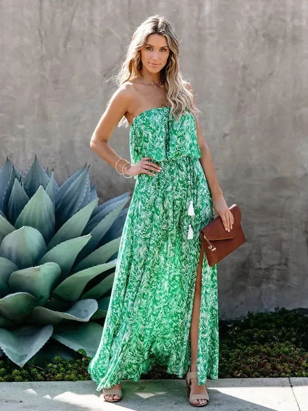 Blue Zone Planet |  Anna's botanical off-the-shoulder ruffled slit maxi dress Chic Summer Floral Maxi Dress