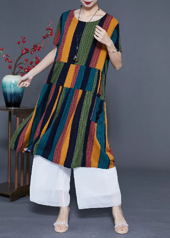 Art Colorblock Oversized Patchwork Striped Cotton Maxi Dresses Summer Elegant Maxi Dress with Lace