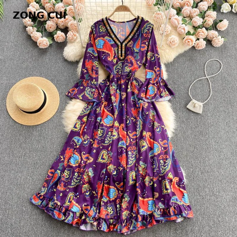 Autumn flare sleeve dress women's V-neck slim lace up waist print Embroidery purple Maxi Dress Bohemian Vintage Robe Vestidos Stylish Button-Up Maxi Dress