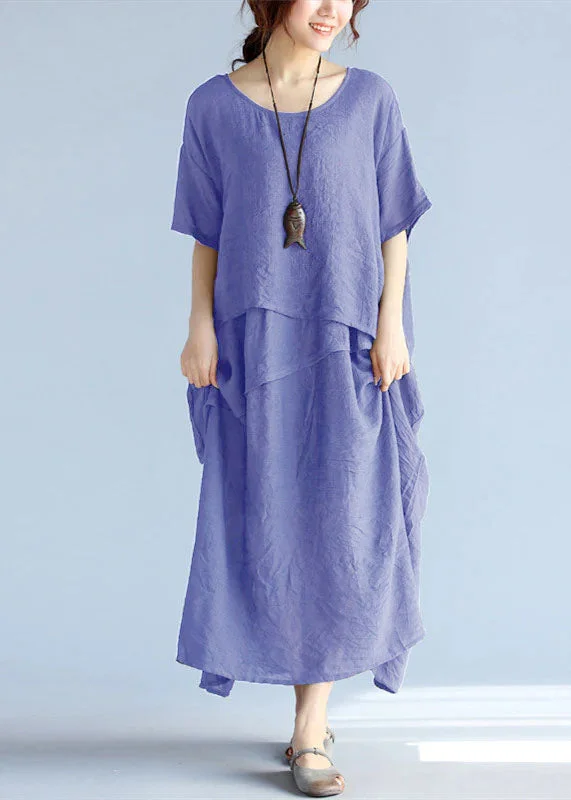 baggy Purple long linen dresses oversized layered cotton maxi dress vintage short sleeve cotton clothing Cozy Spaghetti Strap Maxi Dress