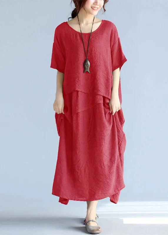 baggy Red long linen dresses oversized layered cotton maxi dress vintage short sleeve cotton clothing Elegant Maxi Dress with Slit