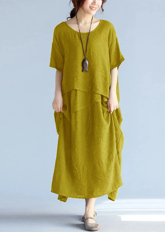 baggy Yellow long linen dresses oversized layered cotton maxi dress vintage short sleeve cotton clothing Stylish Button-Up Maxi Dress