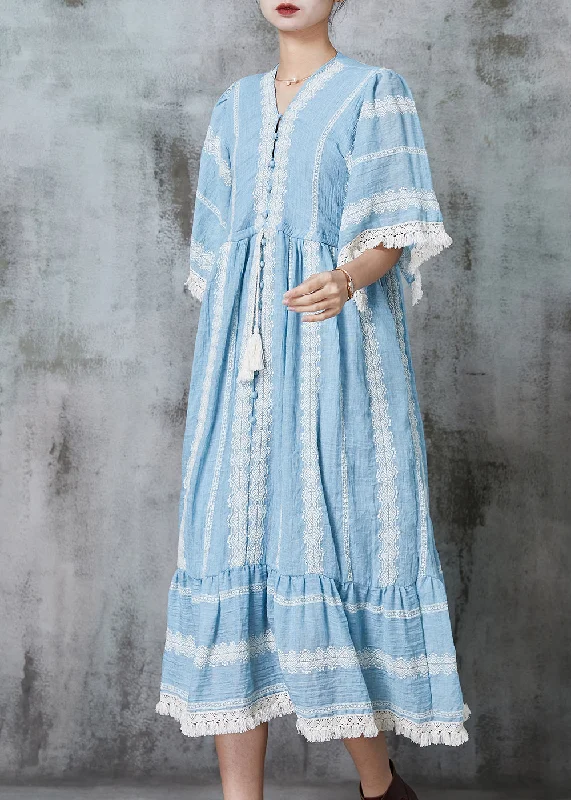 Beautiful Lake Blue Oversized Drawstring Cotton Maxi Dresses Summer Comfortable Ruffle Hem Maxi Dress