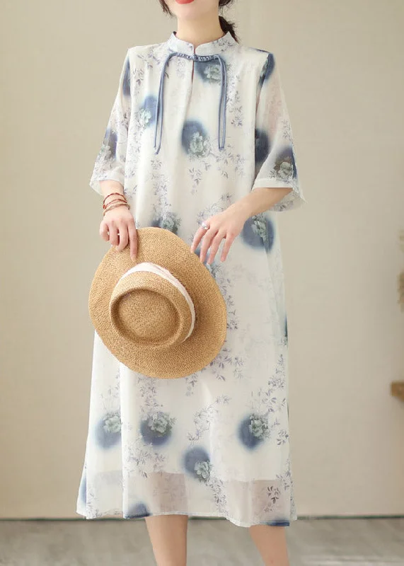 Beige Stand Collar Vacation Maxi Dresses Short Sleeve Trendy Floral Print Maxi Dress