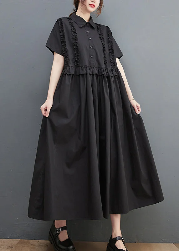 Black Loose Cotton Maxi Dresses Ruffled Cinched Short Sleeve Comfortable Ruffle Hem Maxi Dress