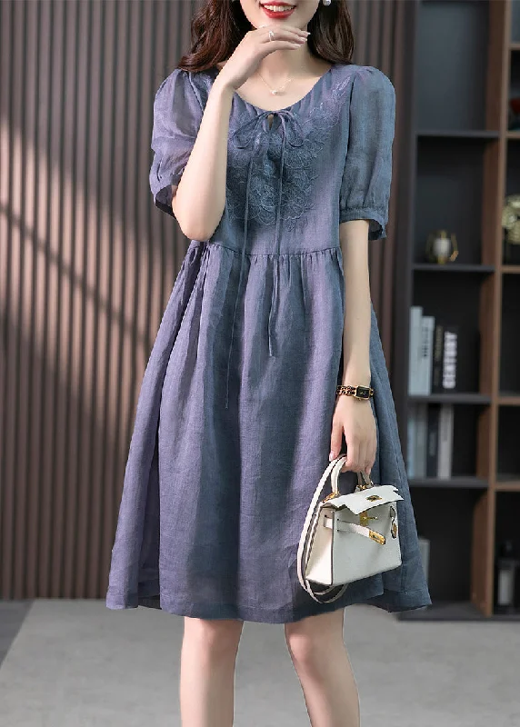 Blue Patchwork Neck Tie Linen Maxi Dresses Short Sleeve Comfortable Fit-and-Flare Maxi Dress