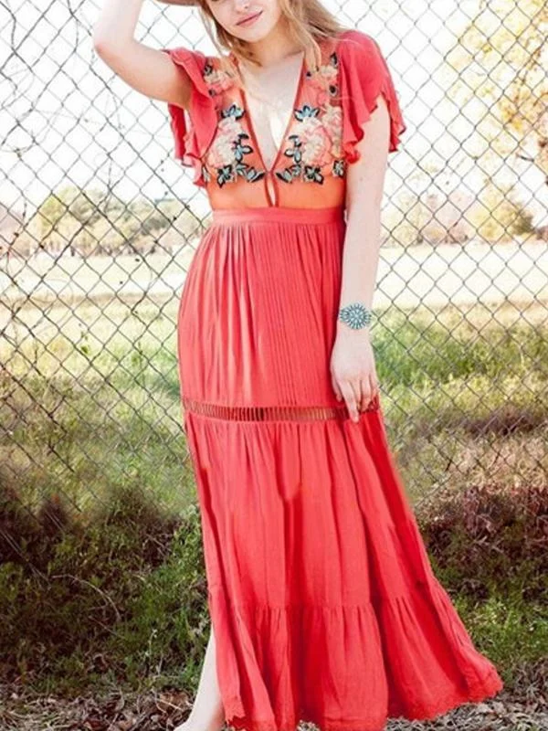 Bohemian High Waist Petal Sleeve Deep V Neck Maxi Dress Comfortable Bohemian Maxi Dress