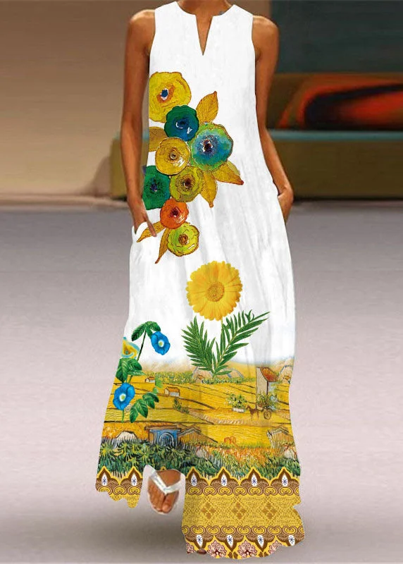 Bohemian Yellow V Neck Print Chiffon Maxi Dress Sleeveless Fashionable Layered Maxi Dress