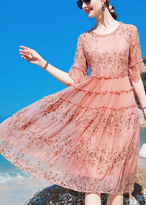 Boho Pink O-Neck Ruffled Print Silk Maxi Dresses Short Sleeve Comfortable Flowy Maxi Dress