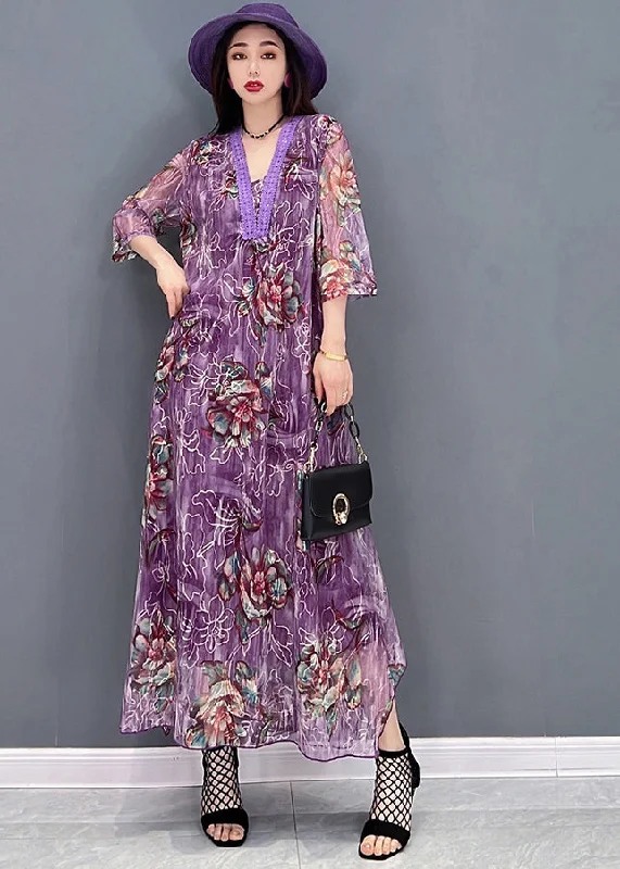 Boutique Purple V Neck Embroideried Hollow Out Tulle Maxi Dresses Half Sleeve Chic Summer Floral Maxi Dress