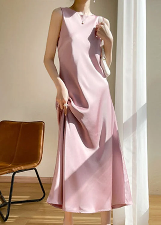 Brief Pink O-Neck Solid Silk Vacation Maxi Dresses Sleeveless Fashionable Sheer Maxi Dress