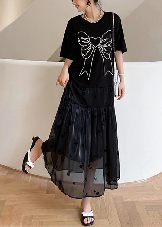 Casual Black O-Neck Bow Tulle Patchwork Cotton Maxi Dresses Summer Trendy Floral Print Maxi Dress