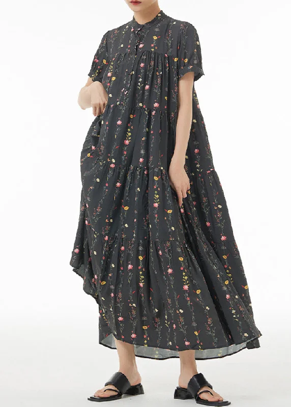 Casual Black Print Patchwork Wrinkled Cotton Maxi Dresses Summer Stylish Button-Up Maxi Dress