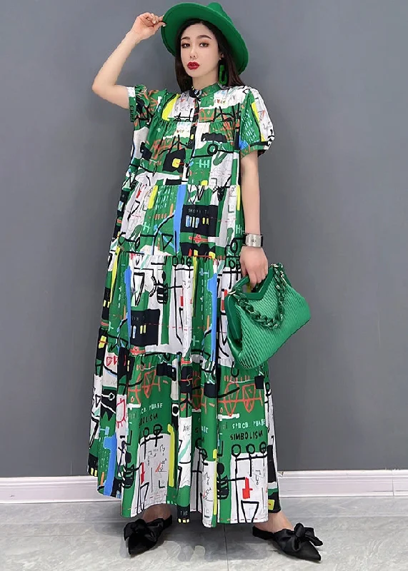 Casual Green Stand Collar Patchwork Exra Large Hem Print Chiffon Maxi Dress Short Sleeve Fashionable Halter Neck Maxi Dress