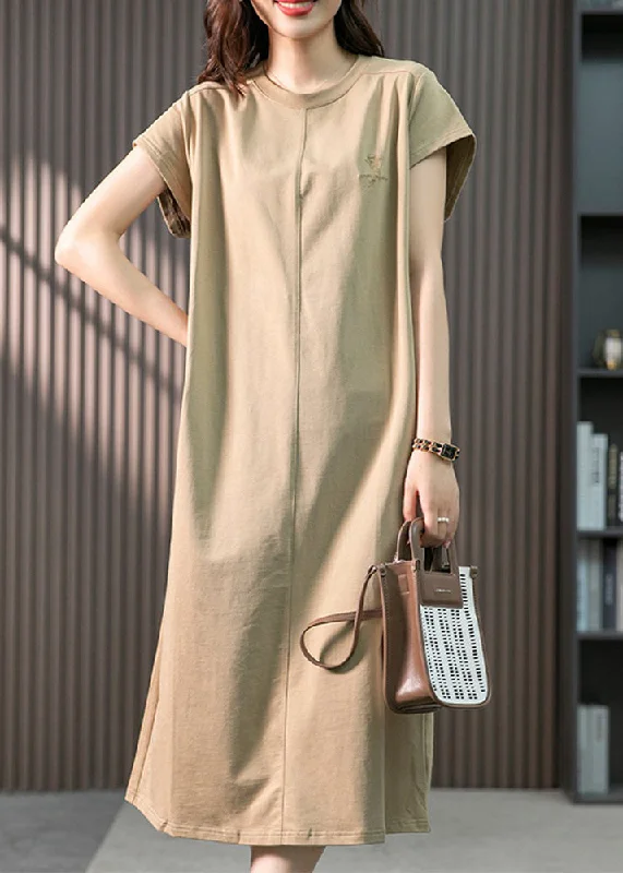 Casual Khaki O-Neck Embroideried Cozy Cotton Maxi Dresses Short Sleeve Elegant Maxi Dress with Belt