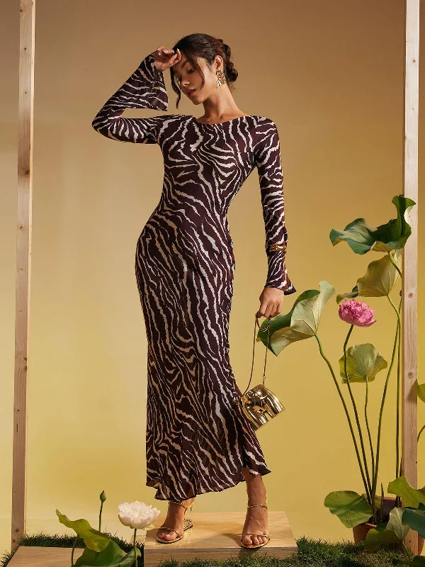 Cecily Long Sleeve Tiger Printed Maxi Dress Trendy A-Line Maxi Dress