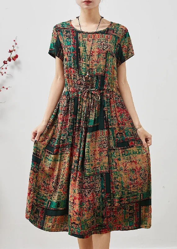 Chic Brown Cinched Print Cotton Maxi Dresses Summer Elegant Silk Maxi Dress