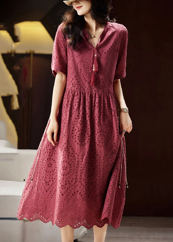 Chic Mulberry V Neck Hollow Out Sashes Cotton Maxi Dress Short Sleeve Fashionable Sleeveless Maxi Dress