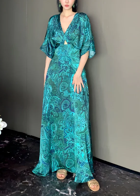 Chic Peacock Blue V Neck Print Satin Maxi Dress Short Sleeve Stylish Longline Maxi Dress