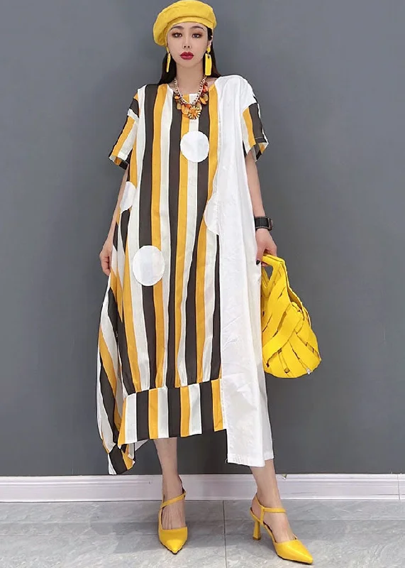 Chic Yellow Asymmetrical Striped Print Patchwork Cotton Maxi Dresses Short Sleeve Trendy Printed Maxi Dress