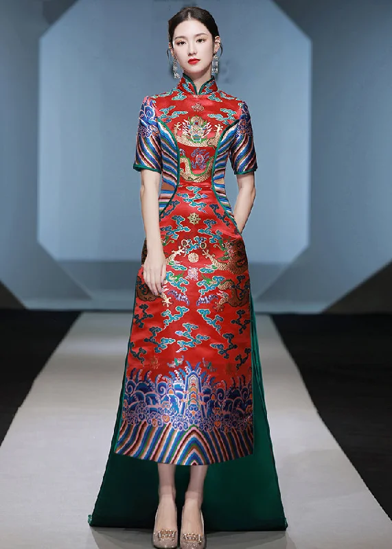 Chinese Style Red Stand Collar Embroidered Patchwork Silk Maxi Dresses Summer Fashionable Off-Shoulder Maxi Dress