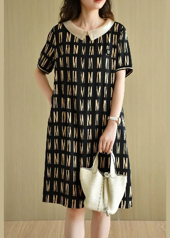 Classy Black Peter Pan Collar Graphic Patchwork Summer Maxi Dress Short Sleeve Classic A-Line Maxi Dress