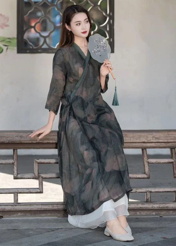 Dark Grey Patchwork Linen Maxi Dresses V Neck Lace Up Summer Stylish Boho Chic Maxi Dress