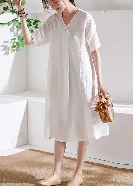 DIY White V Neck lantern Sleeve Summer Linen Maxi Dress Half Sleeve Elegant Lace-Up Maxi Dress