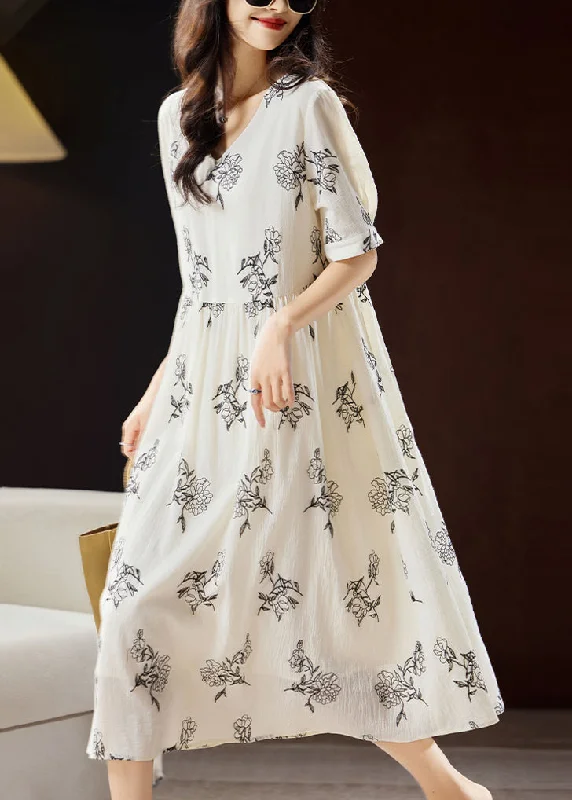 Elegant Beige Embroidered Floral Patchwork Maxi Dress Short Sleeve Classic Solid Maxi Dress