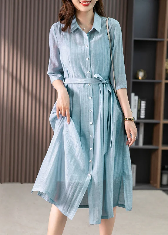 Elegant Light Blue Peter Pan Collar Tie Waist Solid Linen Maxi Dresses Summer Elegant Maxi Dress with Ruffles