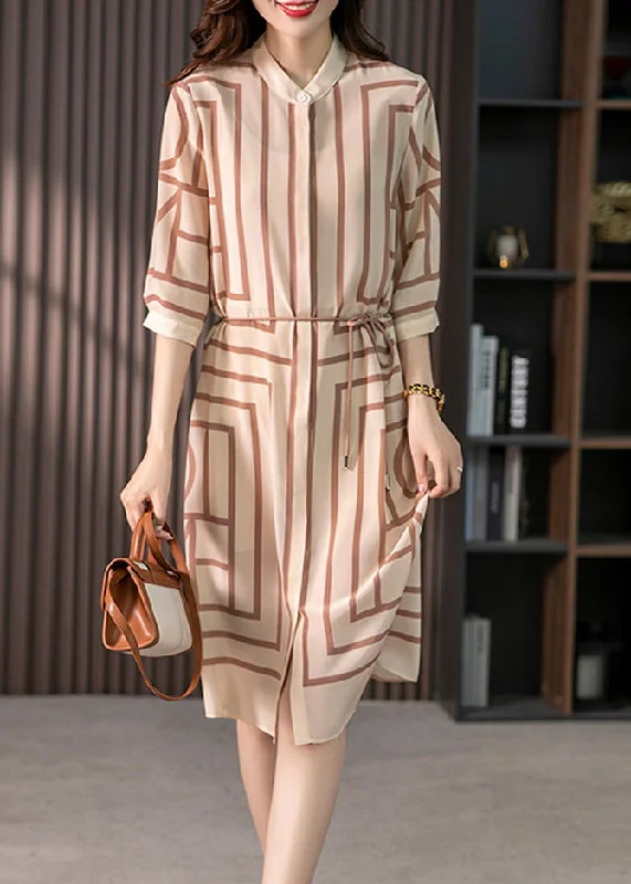 Elegant Light Coffee O-Neck Striped Side Open Silk Maxi Dress Half Sleeve Fashionable Chiffon Tiered Maxi Dress