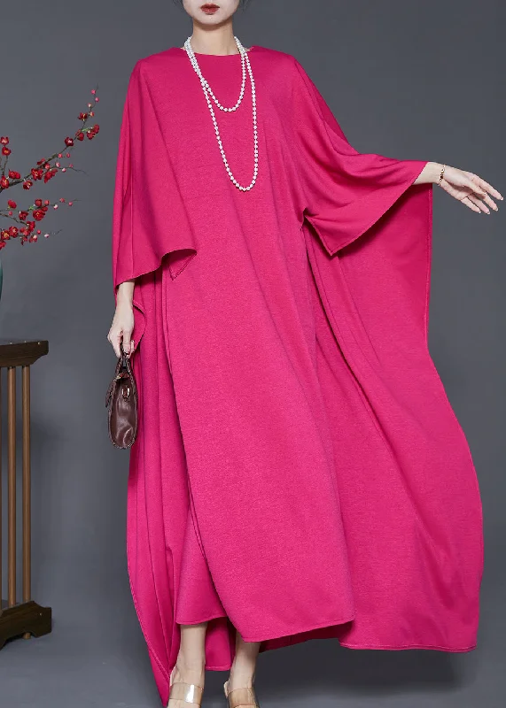 Elegant Rose Oversized Cotton Maxi Dress Cloak Sleeves Elegant Maxi Dress with Drapes