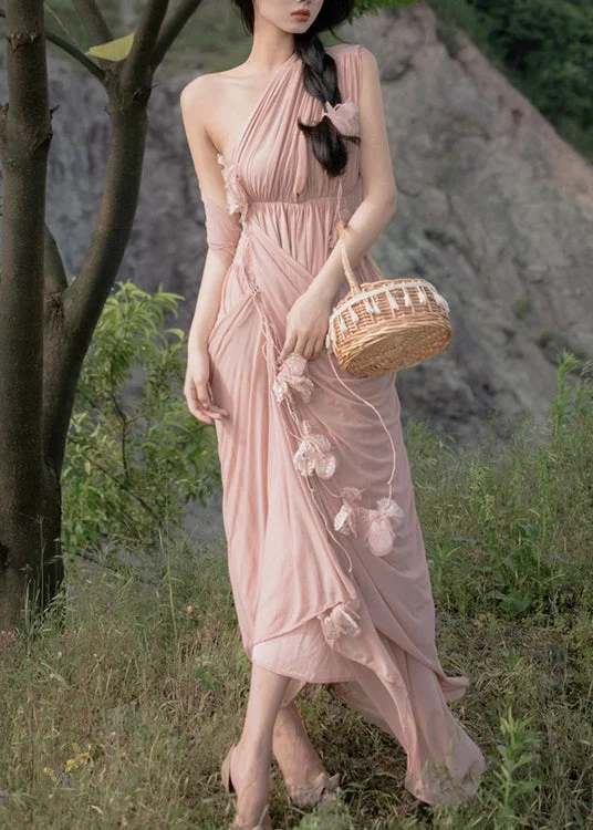 Fashion Pink Asymmetrical Patchwork Floral Elastic Waist Maxi Dress Summer Cozy Wrap Maxi Dress