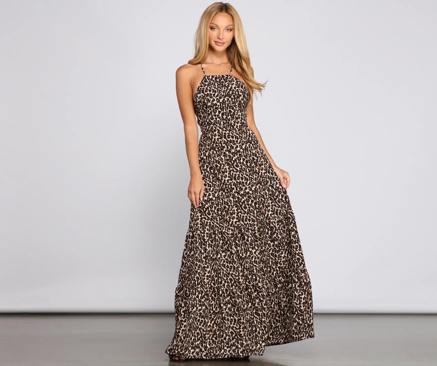 Fiercely Stylish Lace-Up Leopard Maxi Dress Cozy Ruffle Sleeve Maxi Dress