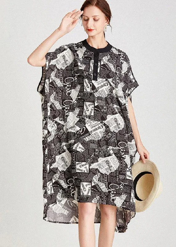 Fine Newspaper Print low High Design Button Pockets Summer Maxi Dresses Comfortable Maxi Dress with Slits