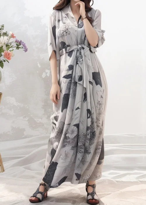 French Grey Print Tie Waist Silk Maxi Dresses Half Sleeve Comfortable Long-Sleeve Maxi Dress