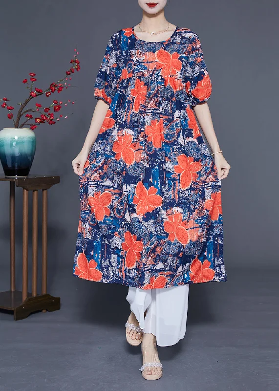 French Navy O-Neck Floral Print Silk Maxi Dress Summer Comfortable Bohemian Maxi Dress