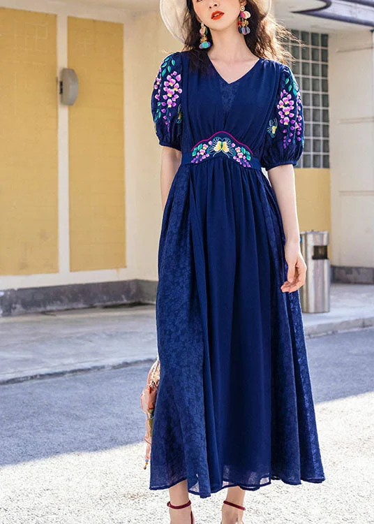 French Tibetan Blue Embroideried Patchwork Silk Maxi Dresses Spring Trendy Maxi Dress with Lace