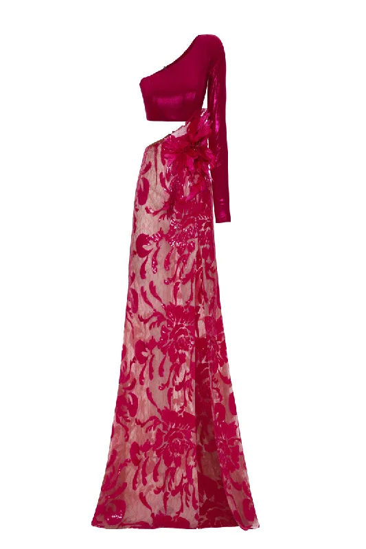 FUCHSIA ONE-SHOULDER MAXI DRESS WITH 3D FLOWER DETAILS Comfortable Fit-and-Flare Maxi Dress